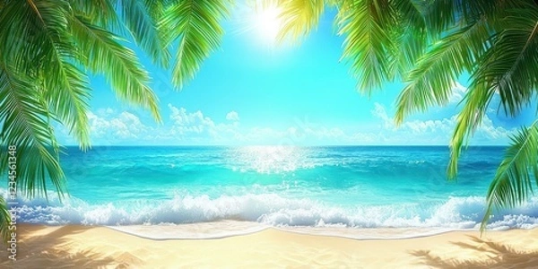 Fototapeta A bright summer beach with crystal-clear turquoise waters lapping against white sandy shores, framed by swaying palm trees under a vibrant blue sky. The scene evokes a sense of relaxation and 