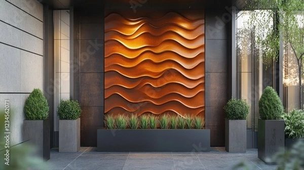 Fototapeta Layered steel panel with a 3D effect, placed as a centerpiece on a modern outdoor entrance wall.