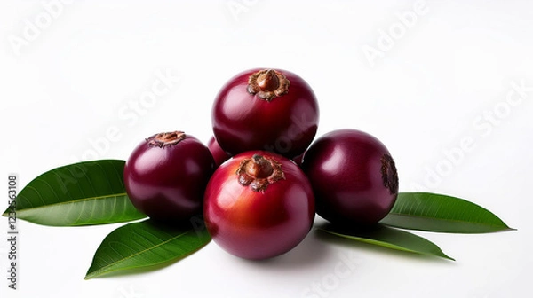 Obraz Fresh ripe tropical berries with green leaves on white background