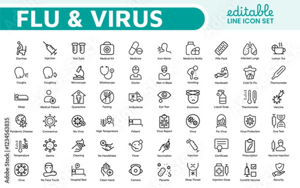 Fototapeta Flu & Virus Icon Set. An essential collection of icons designed to promote health awareness, perfect for enhancing medical materials, educational content, and public health campaigns.