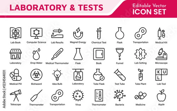Fototapeta Laboratory and Tests Icon Set. A precise collection of icons for scientific testing and research, perfect for enhancing educational materials, lab websites, and health applications.