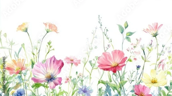 Fototapeta Delicate arrangement of colorful meadow flowers and fresh leaves on a white background, ideal for botanical themes.