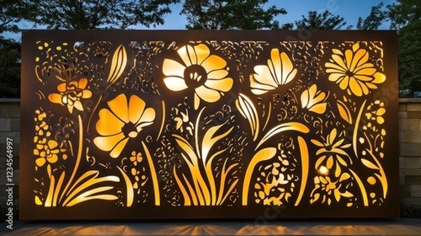 Fototapeta Laser-cut steel outdoor art depicting abstract floral patterns, glowing softly with ambient lighting.