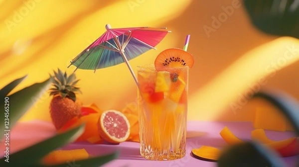 Fototapeta Tropical fruit cocktail with mini umbrella and vibrant colorful background setting the summer mood