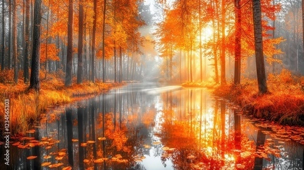 Fototapeta A glowing autumn lake surrounded by trees ablaze in fiery shades of red, orange, and yellow. The calm water mirrors the vibrant foliage and the soft glow of a setting sun. Floating leaves add 