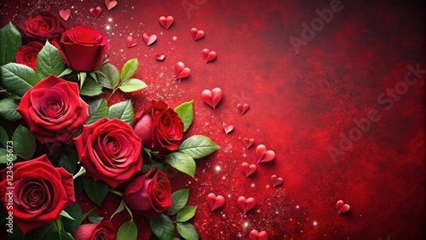 Fototapeta Valentine's Day roses with deep red background and scattered heart-shaped leaves , winter, love,  winter