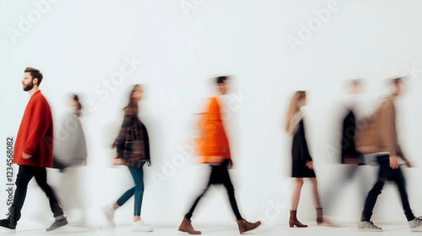 Fototapeta Abstract motion blur of diverse people walking in a row in a white backdrop, symbolizing urban life and movement in a fast-paced world 