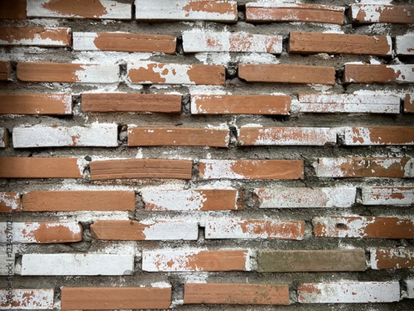 Fototapeta Textured brick wall with mix of red and white bricks, showing wear