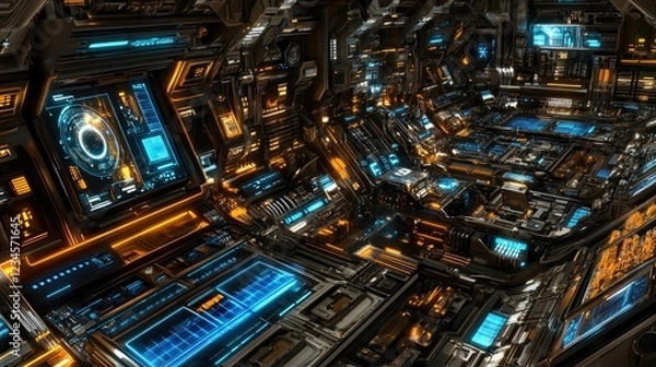 Fototapeta Futuristic spaceship interior control room; complex technology; glowing displays; background activity; sci-fi film use