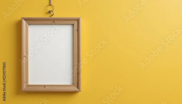 Fototapeta Empty Wooden Frame Hanging on a Vibrant Yellow Wall Suspended by a Brass Hook