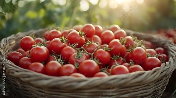 Fototapeta A basket full of ripe tomatoes ready for harvest under the warm sunlight