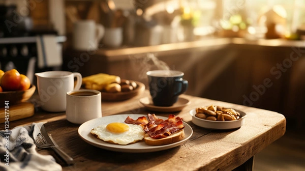 Fototapeta rustic breakfast setting with eggs, bacon, coffee, and fruits
