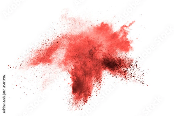 Fototapeta Red cloud of dust is blowing on white backdrop. The dust is red and black in color.