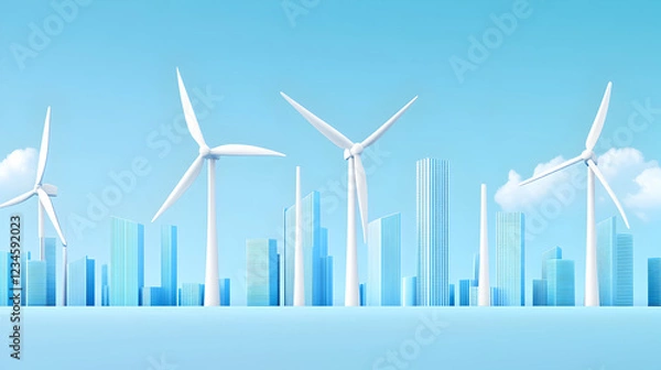 Obraz City skyline with wind turbines; clean energy concept; clear sky background; sustainable urban development illustration