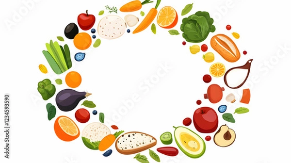 Obraz Colorful fresh fruits and vegetables circle frame, healthy food concept, white background, recipe design