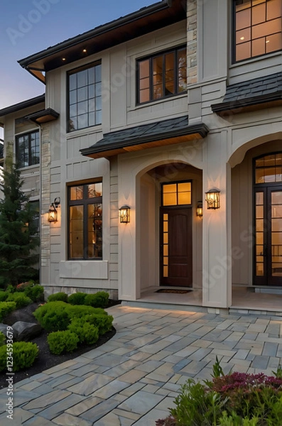 Obraz Luxury Home Exterior at Dusk: Modern Architectural Design and Landscaping