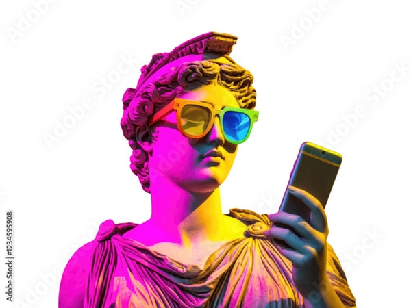 Obraz Pop art collage, photo of a greek classicist sculpture of a woman wearing colored glasses and holding a modern mobile phone