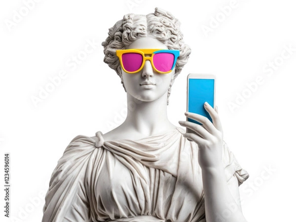 Obraz Pop art collage, photo of a greek classicist sculpture of a woman wearing colored glasses and holding a modern mobile phone