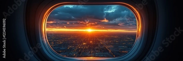 Obraz Stunning sunset view from an airplane porthole over a vibrant cityscape