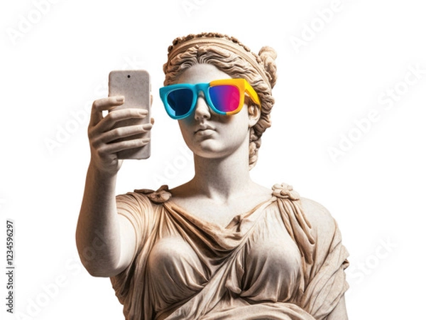 Obraz Pop art collage, photo of a greek classicist sculpture of a woman wearing colored glasses and holding a modern mobile phone