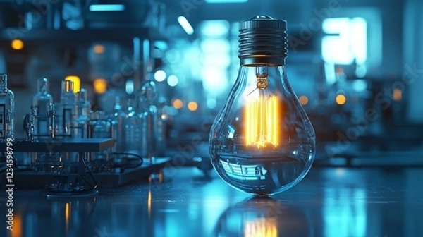 Fototapeta Glowing lightbulb in lab, innovation concept