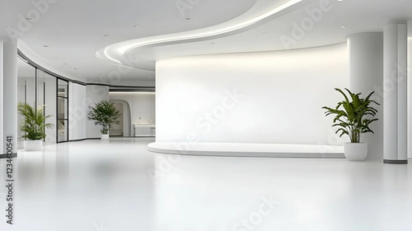 Obraz Modern white lobby; curved walls, plants, empty stage; perfect for presentations