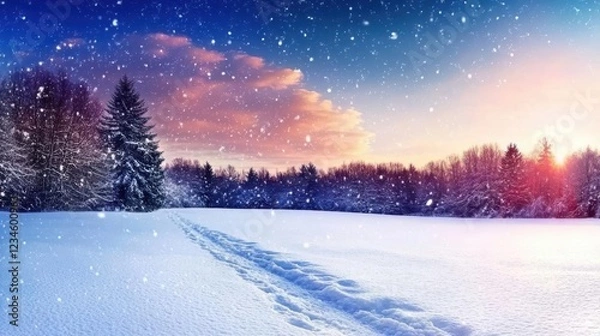 Fototapeta A wonderful winter scene with trees covered in snow and falling snowflakes, creating an enchanting and serene scene