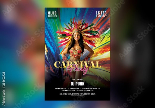 Fototapeta Editable Carnival Party Flyer or Poster Template, with Female Samba Dancer and Event Details for Advertising.