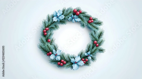 Fototapeta Festive Christmas wreath with berries and flowers on light background, ideal for holiday cards