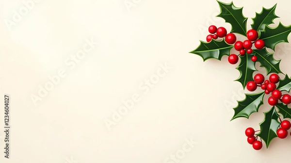 Obraz Festive Holly Berries Branch on Beige Background; Holiday greeting card design