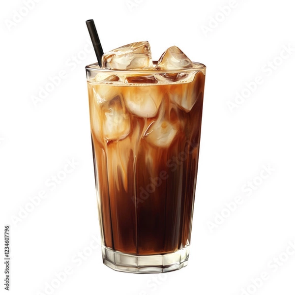 Obraz Enjoying a refreshing iced coffee served in a clear glass with visible ice cubes and a black straw