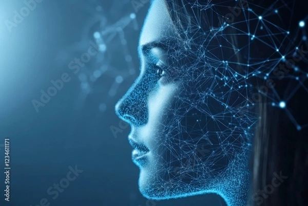 Fototapeta Human Profile with Digital Wireframe and Neural Network Visualization
