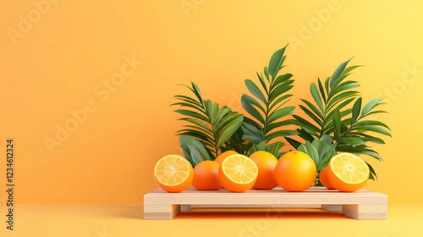 Fototapeta Juicy oranges and palm leaves on wooden tray, yellow background, summer freshness, food and drink advertising