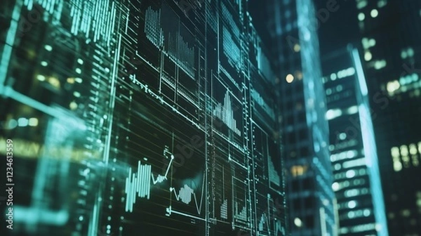 Fototapeta Futuristic data analysis interface overlaying a night cityscape in a teal hue