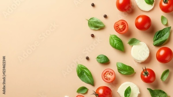 Fototapeta Mozzarella, fresh basil leaves, and ripe cherry tomatoes arranged on a beige backdrop for a banner layout.