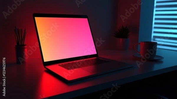 Fototapeta Laptop with a colorful screen, coffee cup, and pencils on a desk in a red and blue lit room