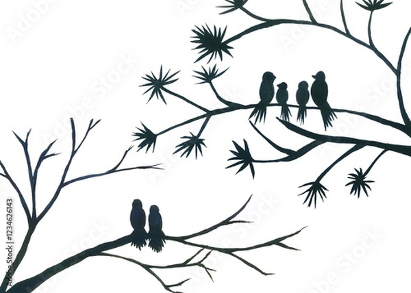 Fototapeta Watercolor silhouette of a bird family(father, mother and two children) on tree branch and a bird couple (two birds) on a tree branch its no leaf isolated on white background with copy space.
