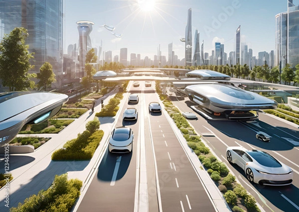 Fototapeta A smart city with self-driving electric vehicles, drone delivery systems, and AI traffic control.