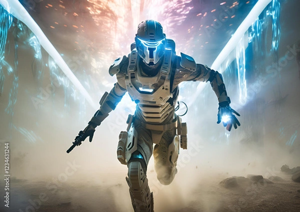 Fototapeta A futuristic cyber warrior in advanced exoskeleton armor 