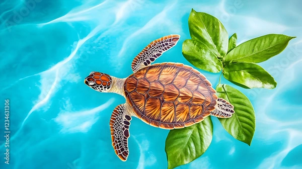 Fototapeta Sea turtle swimming on turquoise water with green leaves; ocean conservation