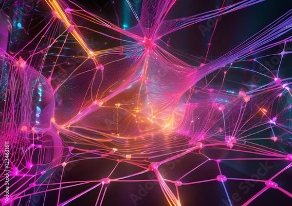 Fototapeta A hyper-connected neural network visualizing streams of big data in a glowing 3D web.