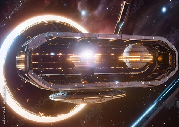 Fototapeta A futuristic space station orbiting a distant planet, with high-tech docking bays and glowing energy shields.