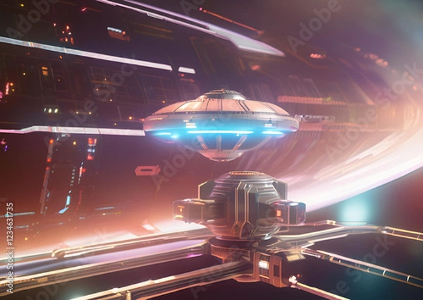 Fototapeta A futuristic space station orbiting a distant planet, with high-tech docking bays and glowing energy shields.