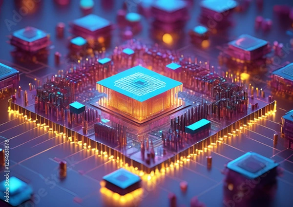 Fototapeta A holographic blueprint of a next-generation quantum computer, surrounded by AI engineers.