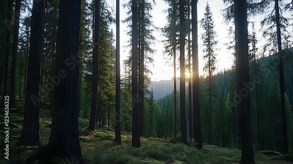 Fototapeta Sunset in a pine forest, mountain background, peaceful nature scene, ideal for travel brochures