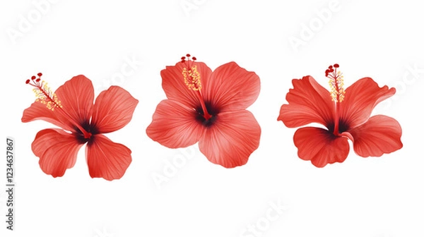 Obraz Three red hibiscus flowers, isolated on white background, for floral design or decoration