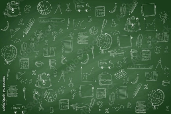 Fototapeta School pattern on green chalkboard background, vector illustration.