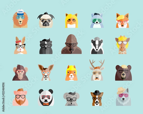 Fototapeta Flat Style Hipster Animals Avatar Vector Portraits or Icon Set for Social Media, Web Sites, etc.