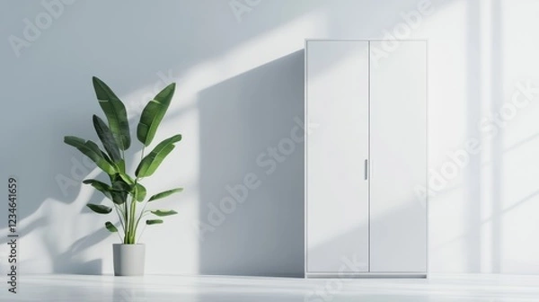 Fototapeta Minimalist White Cabinet with Indoor Plant in Sunlight