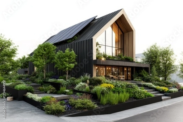Fototapeta A detailed 3D illustration of a modernized barn, with sleek wooden panels and solar panels on the roof, blending rustic and contemporary elements